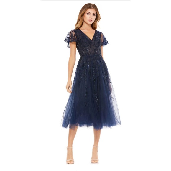 MacDuggal Embellished Flutter Sleeve Tulle Midnight Dress 4 - Picture 1 of 8